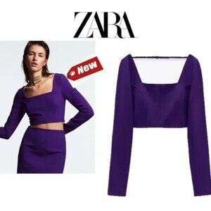 Zara BNWT womens square neck purple crop top sz Xlarge long sleeve